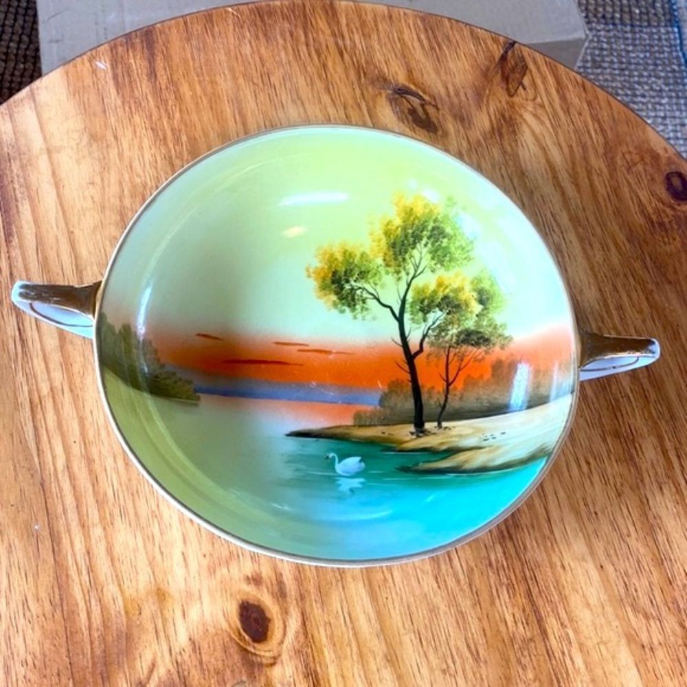 Noritake Morimura Hand-painted 2 Gold Trimmed Handles Sunset Scene 10.5”